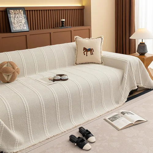 Vista 30 de HANDONTIME Chevron Pattern Couch Cover Vertical Striped Jacquard Sofa Cover Modern Minimalist, Khaki and White, Sofa Covers Washable, Pet Friendly