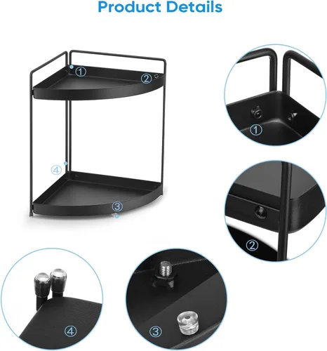 Vista 7 de Estante esquinero de 2 niveles para encimera de cocina, gabinete de baño, organizador de maquillaje, cosméticos, organización y almacenamiento Negro