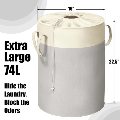 Vista 2 de Simple Houseware Cesta de lavandería plegable de 74L, cesta redonda de algodón con cierre de cordón y asas, paquete de 2, color gris
