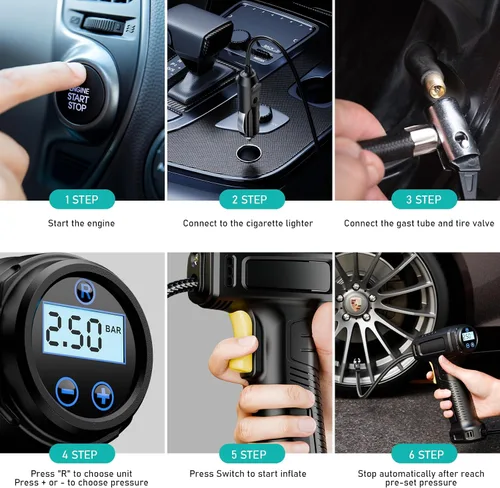 Vista 5 de Inflador de neumáticos, compresor de aire portátil, bomba automática de neumáticos de 150 PSI con linterna LED con manómetro digital