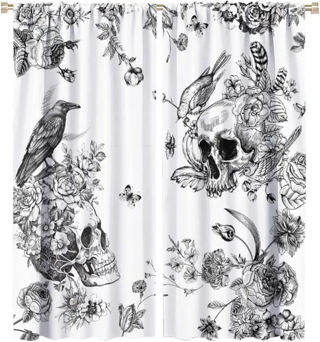 Vista 8 de Cortinas góticas de bosque de cuervos, para Halloween, espeluznante, negro, cuervo negro, alas oscuras, suspenso, bolsillo para barra, cortinas