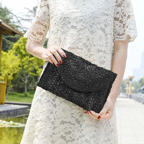 Vista 6 de HJMND Bolso tejido de paja para mujer, bolsa de playa de verano, cartera tipo sobre, bolsa de paja
