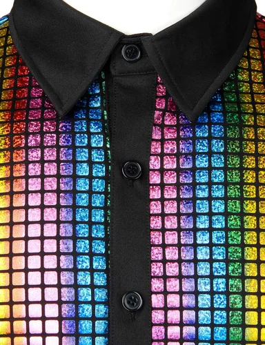 Vista 4 de JOGAL Men's 70s Costume Rainbow Sequins Disco Party Dress Short Sleeve Button Down Shirts