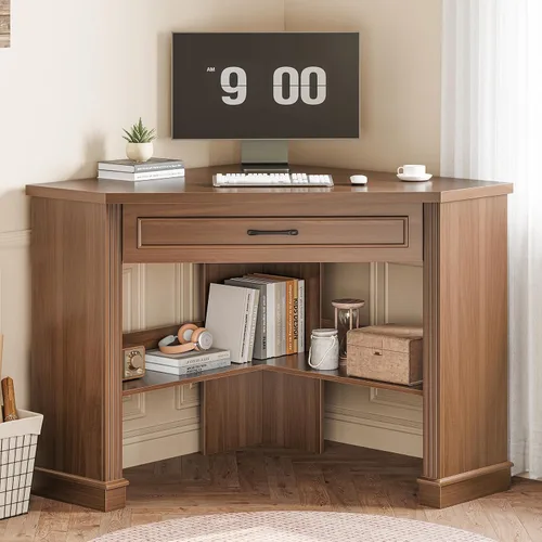 Vista 14 de SEDETA Farmhouse Corner Desk for Small Space, White Small Computer Desk Black and Brown