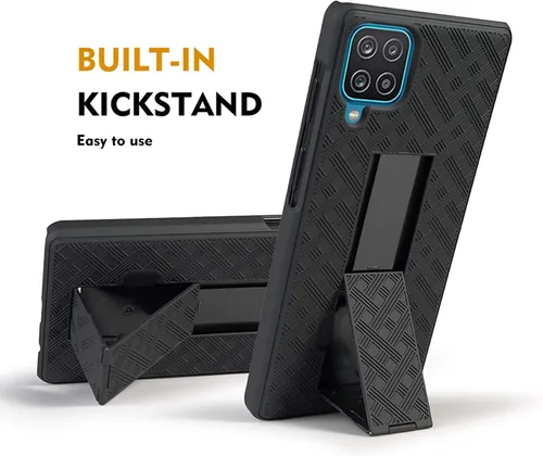Vista 6 de Para Samsung Galaxy A12, con carcasa combinada de vidrio templado y funda delgada con soporte incorporado + clip giratorio para cinturón para Galaxy