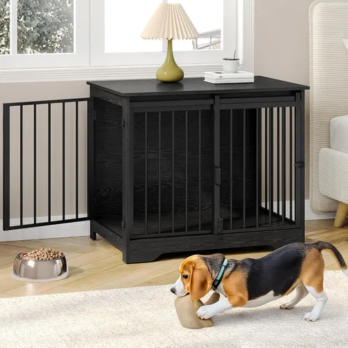 Vista 17 de Hzuaneri Mueble de jaula para perros de 27.2 pulgadas con puerta de granero, perrera resistente para interiores con 2 puertas, mesa auxiliar jaula