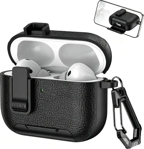 Vista 14 de Funda de cuero con clip de bloqueo para AirPods Pro 2ª/1ª con mosquetón, soporte de carga inalámbrica con soporte, cubierta de protección resistente