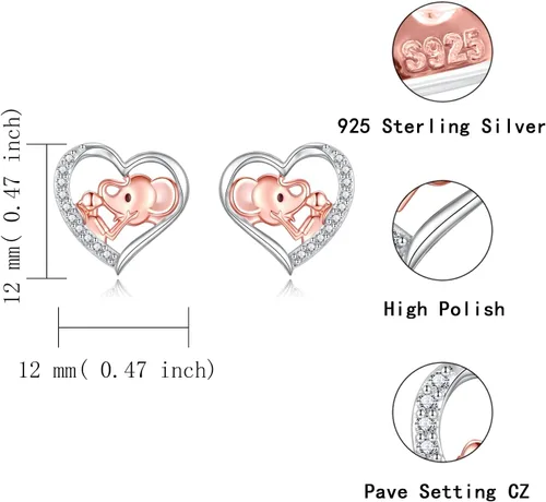 Vista 6 de Aretes de plata de ley con corazón para niñas perro, elefante, vaca, caballo hipoalergénico, animal y niña, aretes de corazón para cumpleaños