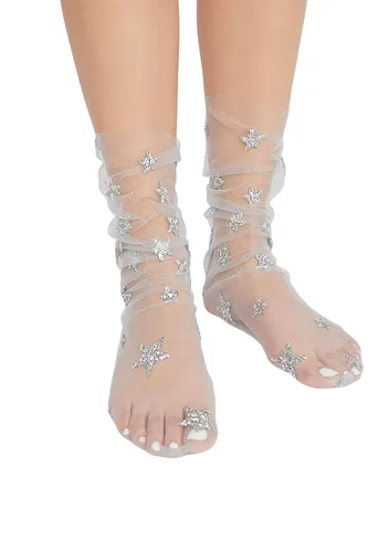 Vista 4 de FXmimior Calcetines de tul con purpurina caliente y estrellas para mujer, Blanco