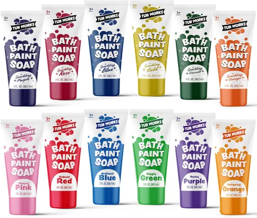 Vista 8 de Tub Works Jabón de pintura de baño, paquete de 12 Pintura de bañera no tóxica, lavable para niños pequeños y niños Pintura de dedos en la bañera