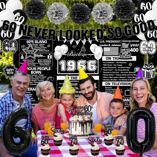 Vista 5 de Crenics Decoraciones de 60 cumpleaños en negro para hombres y mujeres - Telón de fondo de 1966, pancarta, pompones de papel, espirales colgantes