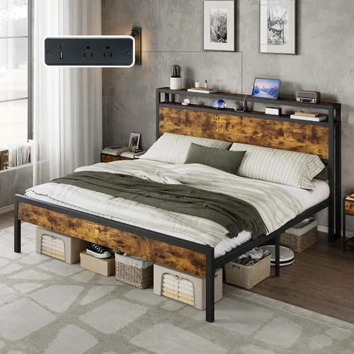Vista 19 de AMERLIFE Base de cama tamaño Queen con cabecera de almacenamiento y estación de carga, cama de plataforma de metal industrial con gran Negro