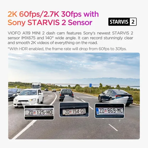 Vista 6 de VIOFO Dash Cam A119 Mini 2, sensor STARVIS 2, 2K 60 fps/HDR 30 fps con control de voz para coche con Wi-Fi GPS de 5 GHz, visión nocturna 2.0, modo
