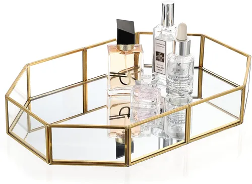 Vista 12 de Hipiwe Mirror Glass Vanity Tray - Gold Ornate Makeup Organizer Perfume Tray