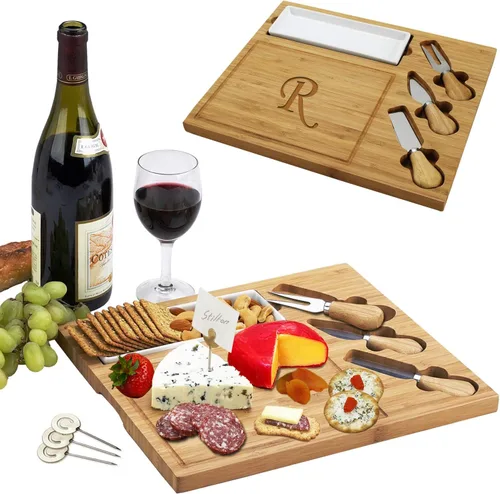 Vista 5 de Picnic at Ascot - Tabla de quesos de bambú grabada, personalizada, con 3 cuchillos de queso, plato de cerámica y marcadores de queso, diseño