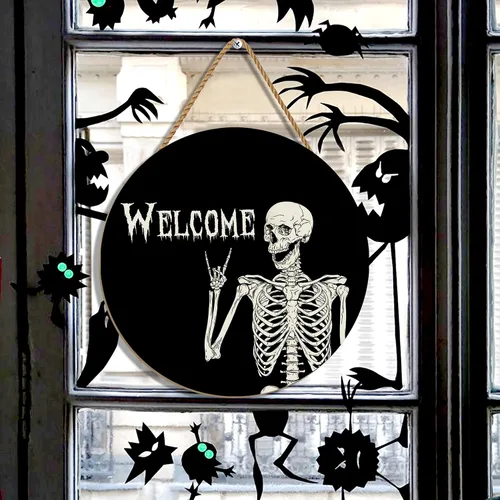 Vista 2 de Decoraciones de Halloween, corona, calavera de Halloween, letrero de bienvenida para puerta, decoración rústica de madera de vacaciones para puerta
