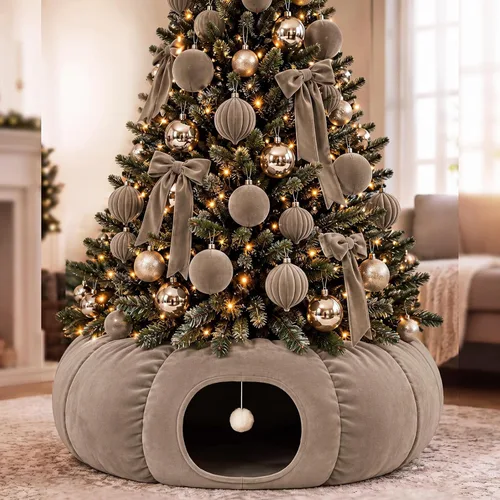 Vista 11 de Túnel de árbol de Navidad para gatos de 36 pulgadas, cama de dona, blanco