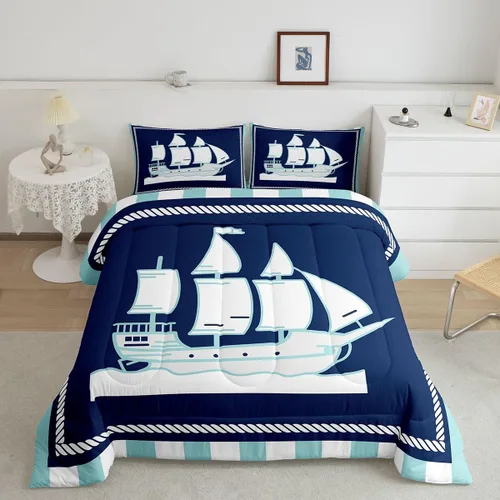 Vista 16 de Juego de edredón de brújula azul marino, tamaño individual, 2 piezas, diseño náutico de vela, estilo simple, para niños, adolescentes, adultos