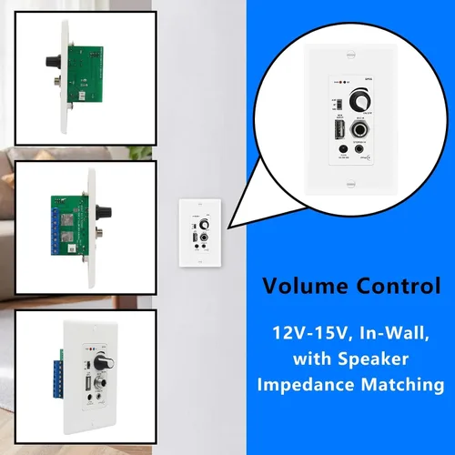 Vista 4 de Amplificador de pared compatible con Bluetooth 4 canales, control de volumen, placa de pared con entradas USB/MIC/AUX (0.138 in) Bloque