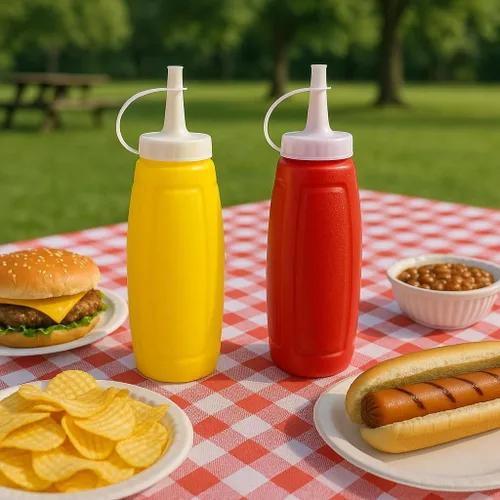 Vista 2 de Dependable Industries inc. Essentials Juego de 2 condimentos de aderezo de ensalada de salsa de tomate de mostaza exprimible de plástico, 12 onzas