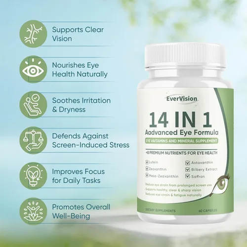 Vista 4 de Evervision 14 en 1 fórmula avanzada para ojos, suplemento mineral y vitamina neurobella para los ojos con zinc, luteína, zeaxantina y extracto