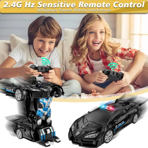 Vista 3 de LNNKINE Coche de control remoto, robot transformador de autos a control remoto, auto de policía transformable de 2.4Ghz con luz LED, deformación