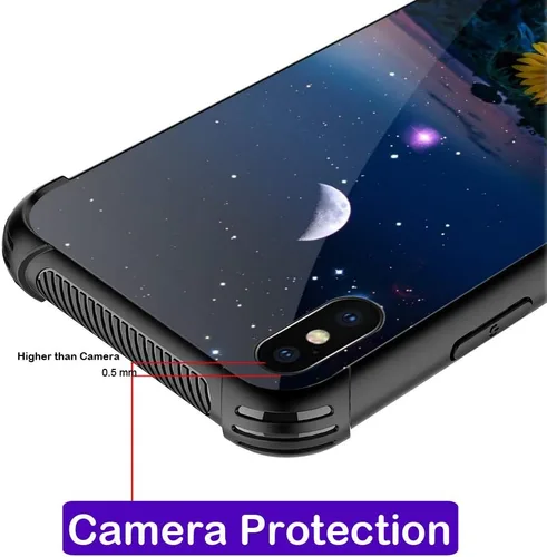 Vista 3 de Funda para iPhone Xs Max, diseños de girasol, estrella, cielo, cubierta trasera de cristal templado antiarañazos, esquinas reforzadas, carcasa