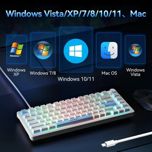 Vista 7 de TECKNET Teclado para juegos con cable, retroiluminación RGB 65% teclados con estructura de junta, teclado mecánico USB C tiene 20 efectos