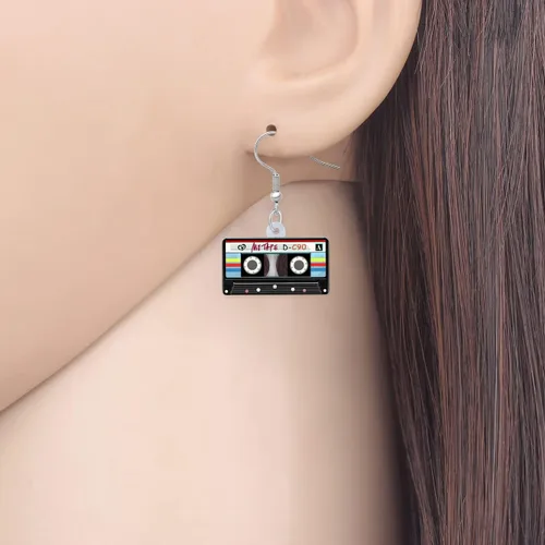 Vista 2 de Aretes vintage con cinta de casete colgantes, fonógrafo, retro, joyería de televisión, nostalgia de los años 90 y 80, accesorios para mujer