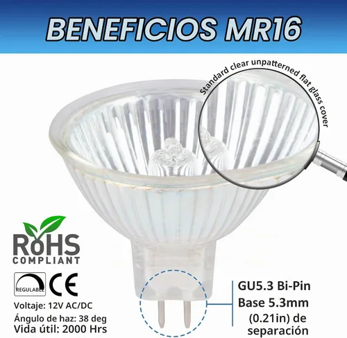 Vista 2 de Simba Lighting focos de luz LED MR16 halógenos de 20/35/50 W y 12 V, con base GU5 de 3 pines. Paquete de 10 unidades.