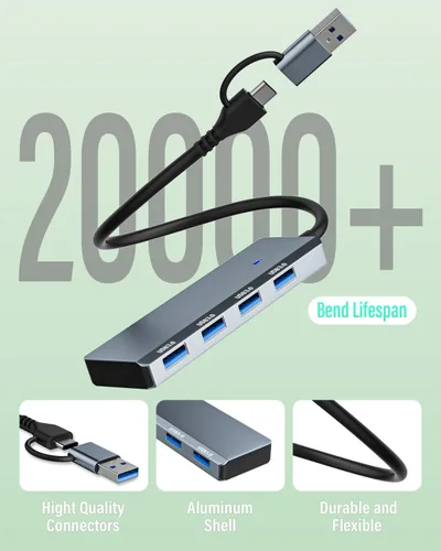 Vista 6 de Hub USB 3.0 4 puertos con USB-A/C, adaptador de aluminio de transferencia de datos de 5Gbps Expansor multipuerto ultradelgado; compatible