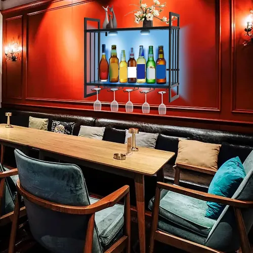 Vista 7 de Estante de vino LED montado en la pared, estante para botellas de vino, soporte de metal para colgar vino con 5 soportes de vidrio para almacenar