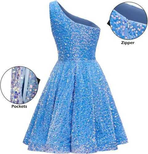 Vista 2 de Hjindpr Vestidos de lentejuelas de un hombro para adolescentes, vestido corto de graduación 2024, vestido formal acampanado brillante con bolsillos