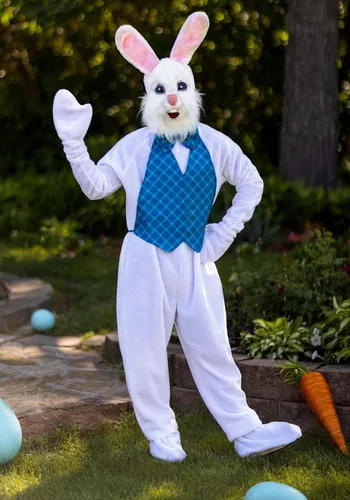 Vista 2 de Disfraz de conejo de Pascua para adultos grandes y altos, traje de mascota de conejo de 6 piezas, máscara, chaleco, pajarita, fundas para zapatos