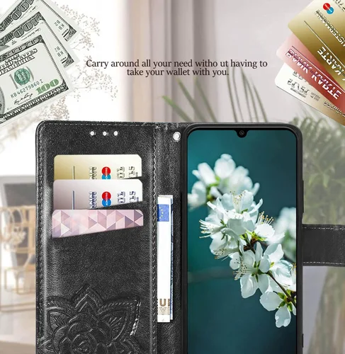 Vista 2 de Funda para teléfono Galaxy A14 5G, funda de piel sintética en relieve de mariposa con tarjeteros para tarjetas de crédito, correa de muñeca