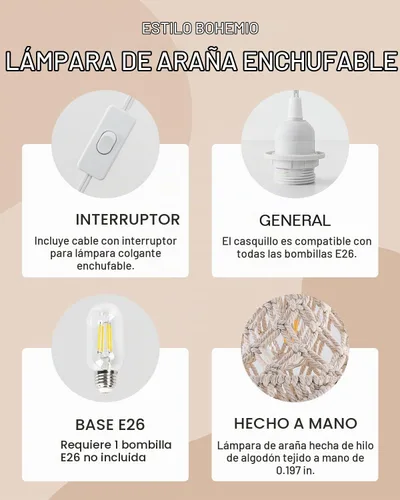 Vista 3 de Lámpara colgante bohemia enchufable con pantalla de macramé, lámpara colgante con cable de enchufe, interruptor de encendido/apagado, lámparas