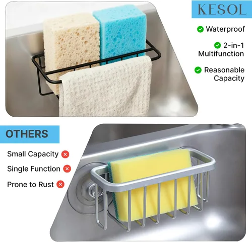 Vista 8 de KESOL Soporte adhesivo para esponja para fregadero de cocina + colgador de paño + soporte para jabón, organizador para fregadero de cocina 2 en 1
