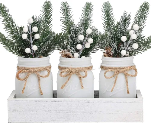 Vista 8 de Frascos Mason de Navidad, Centros de Mesa de Navidad para Mesas, Bandeja de Madera y 3 Frascos Decorativos Pintados, Decoración de Centros de Mesa 2