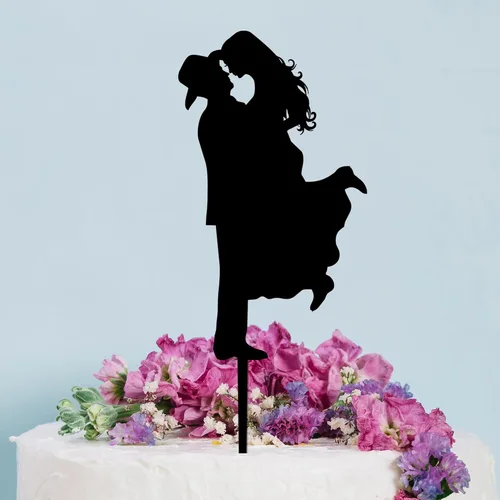 Vista 4 de Country Western - Decoración para tartas de boda, sombrero de vaquero, novia con botas o tacones, novia de levantamiento de novio, caligrafía