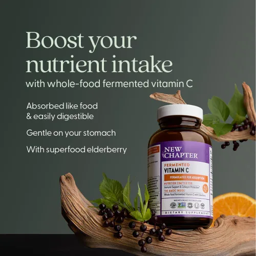 Vista 3 de New Chapter Vitamina C + saúco con vitamina C fermentada, hierbas integrales + protección de colágeno, 60 unidades (paquete de 1)