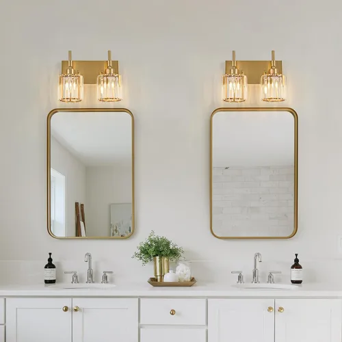 Vista 6 de Lámparas de baño doradas, 2 lámparas de tocador de cristal para baño, luces modernas de latón sobre espejo