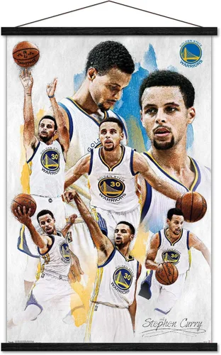 Vista 8 de Trends International NBA Golden State Warriors - Póster de pared de Stephen Curry 16, 14.725 x 22.375 pulgadas, versión enmarcada de madera