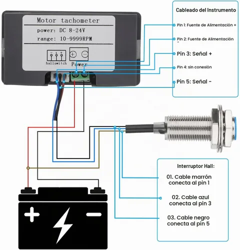 Vista 3 de EEEkit Tacómetro de 4 dígitos con LED azul, medidor de velocidad RPM digital para motores con sensor Hall NPN de interruptor de proximidad
