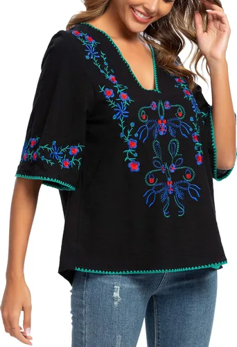 Vista 6 de YZXDORWJ Blusas estilo túnica mexicanas con bordado bohemio de verano para mujer