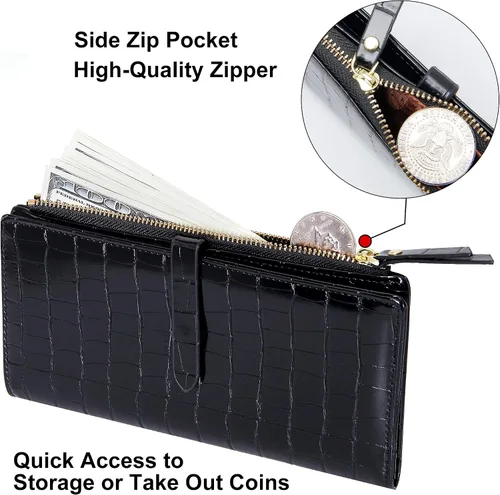 Vista 4 de YOUBDM Billeteras delgadas para mujer, tarjetero RFID plegable con bolsillo con cremallera, Negro 1