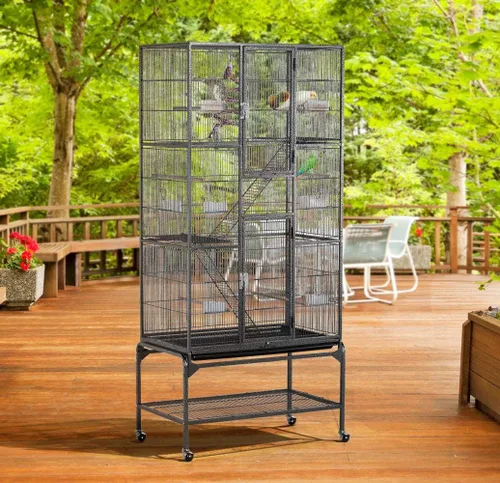 Vista 6 de Topeakmart Jaula grande de hierro forjado de 3 niveles para 3 periquitos con soporte desmontable, color negro