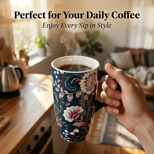Vista 3 de Topadorn Taza de Café de Cerámica de Porcelana Latte Taza de Té con Tapa y Caja de Regalo 17oz, Flor Azul