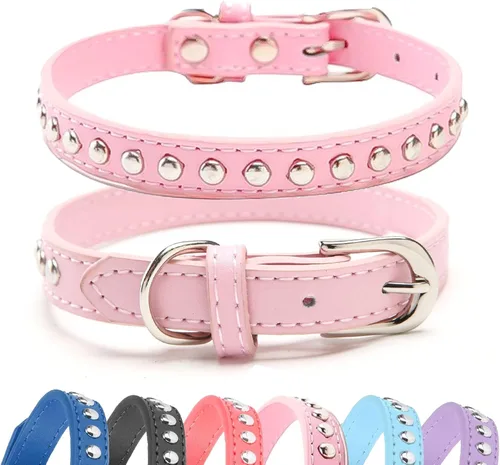 Vista 10 de BINGPET Collar de cuero para perro, cuello con tachuelas, cuello ajustable
