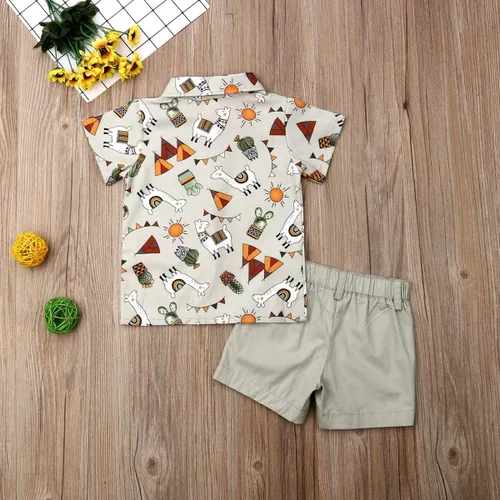 Vista 3 de Conjunto de camisa de manga corta con botones y pantalones cortos casuales con diseño de flamingo, para bebés y niños de 1 a 6 años, atuendos