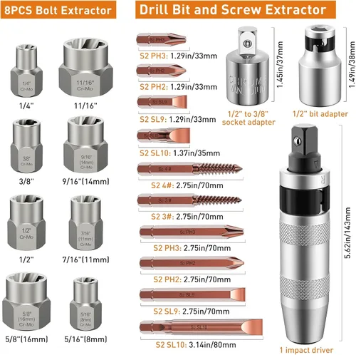 Vista 2 de 12 piezas de destornillador de impacto manual de 3/8" y 8 piezas de extractor de pernos de 3/8", XEWEA destornillador reversible de impacto